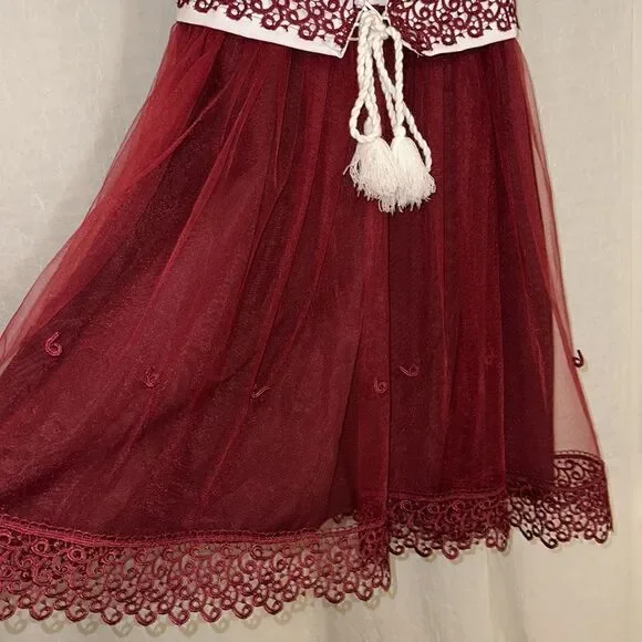 Girl 14-16 Embroidered White Burgundy Tulle Lace Short Sl Folk Formal Dress - Picture 6 of 16